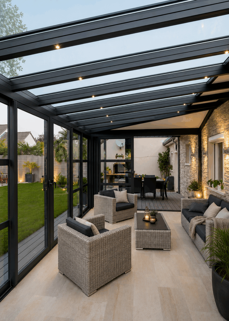 Intérieur d'une véranda classique avec structure en aluminium noir, mobilier en osier et vue sur le jardin en soirée.
