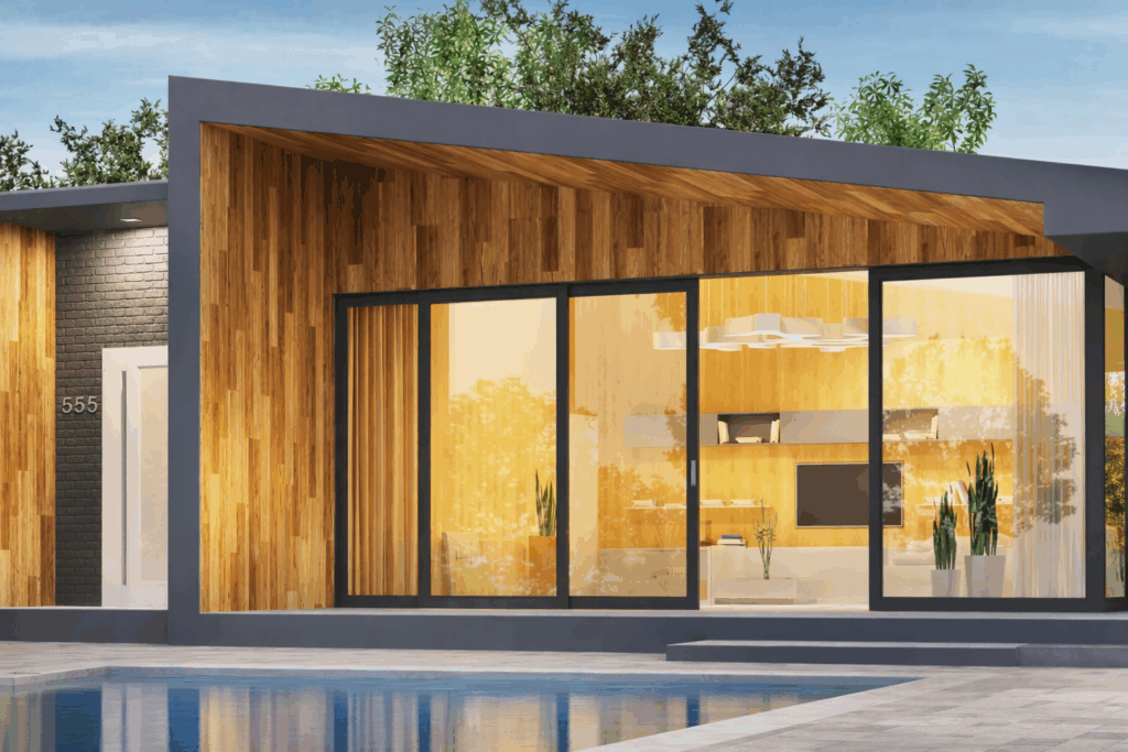 Maison contemporaine à bardage bois avec grandes baies coulissantes anthracite au bord d'une piscine