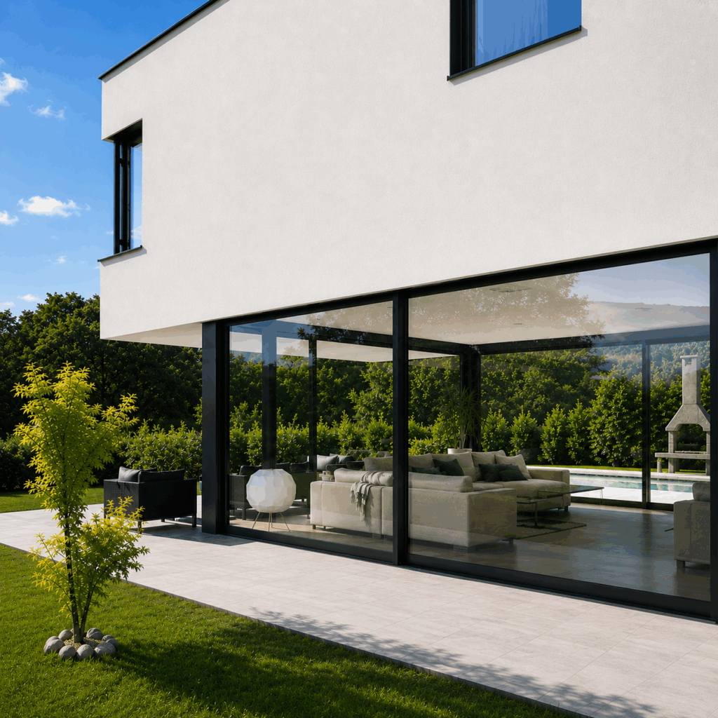 Maison blanche à volume en porte-à-faux avec longue baie vitrée noire sur la terrasse