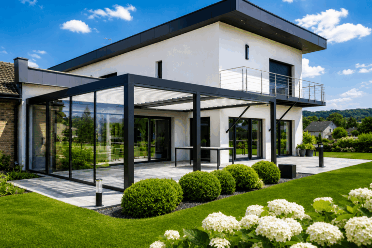 Villa contemporaine blanche avec pergola bioclimatique noire au-dessus de la terrasse et véranda vitrée attenante, jardin avec hortensias.