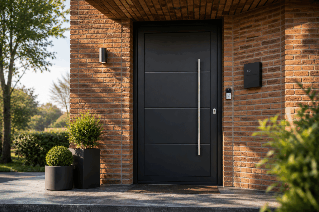 Porte d'entrée en PVC noir avec longue poignée verticale, façade en briques, plantes en pot et interphone.