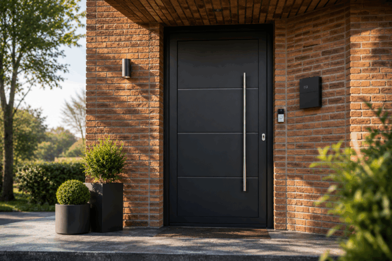 Porte d'entrée en PVC noir avec longue poignée verticale, façade en briques, plantes en pot et interphone.