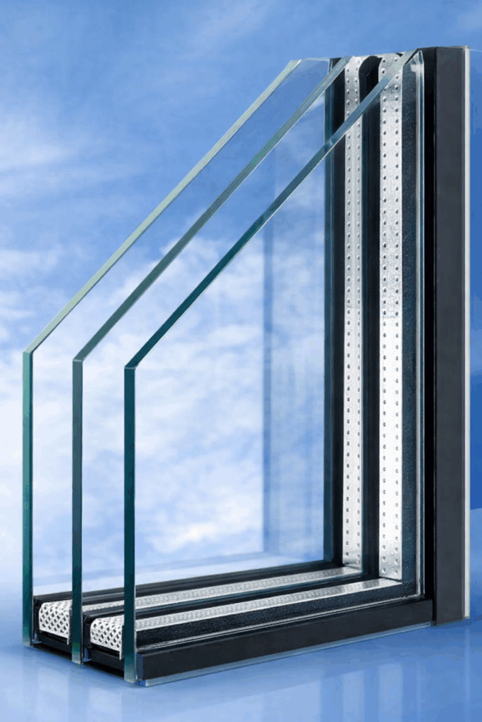 Coupe technique d'un triple vitrage montrant les trois vitres et intercalaires, fond bleu ciel.