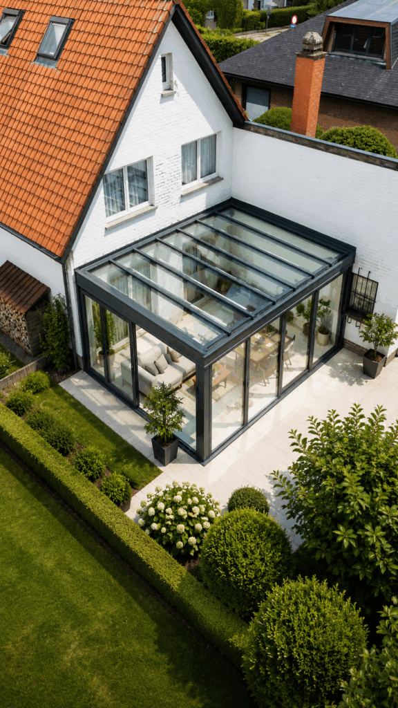 Vue aérienne d'une véranda classique au toit entièrement vitré, attenante à une maison blanche à toiture en tuiles, jardin avec hortensias et haies taillées.