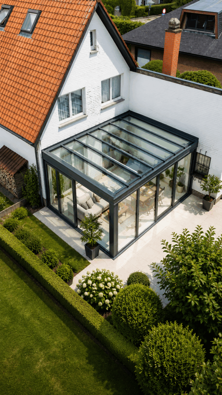 Vue aérienne d'une véranda classique au toit entièrement vitré, attenante à une maison blanche à toiture en tuiles, jardin avec hortensias et haies taillées.