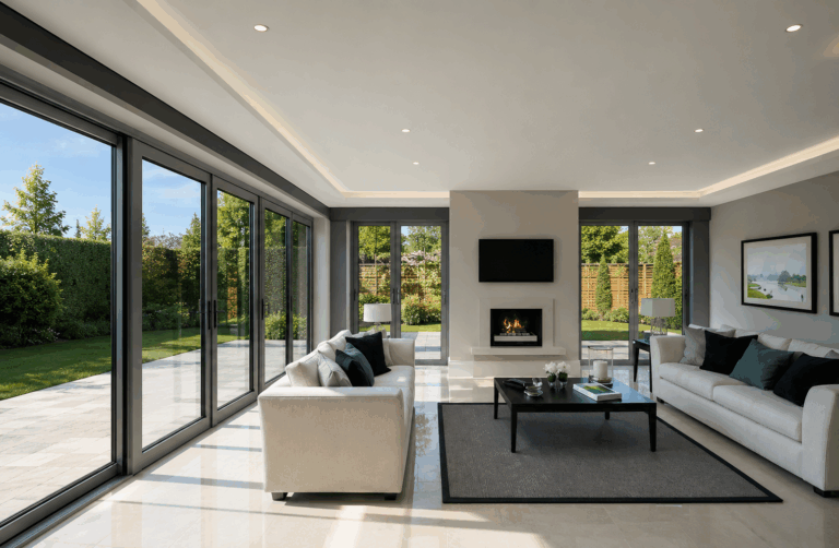 Salon dans une véranda à toiture plate avec baies coulissantes ouvrant sur le jardin, cheminée, télévision et canapés blancs.