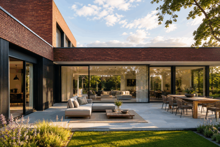 Maison en briques avec baie coulissante en aluminium noir VisioGlide 500 ouverte, terrasse avec salon d'angle et table à manger en bois, jardin planté de lavande.