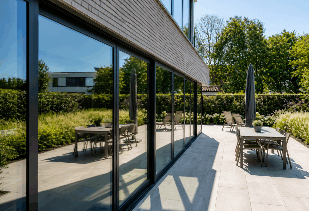 Baie vitrée coulissante en aluminium noir UltraGlide500 ouvrant sur une terrasse arborée, avec mobilier de jardin et parasols fermés visibles à travers le vitrage.