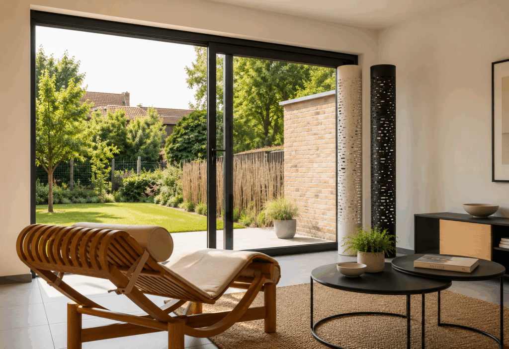 Séjour ouvert sur le jardin par un coulissant en aluminium noir à grands vantaux
