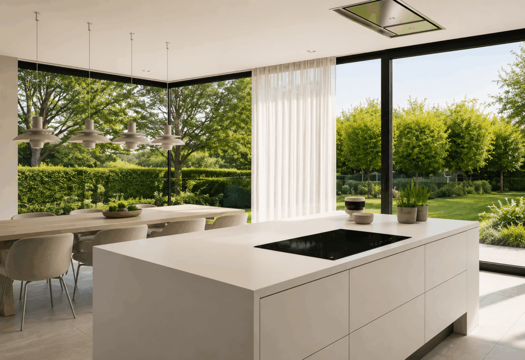 Cuisine blanche avec îlot central, baie coulissante en aluminium noir VisioGlide 500 du sol au plafond ouvrant sur un jardin arboré, table à manger avec suspensions lumineuses.
