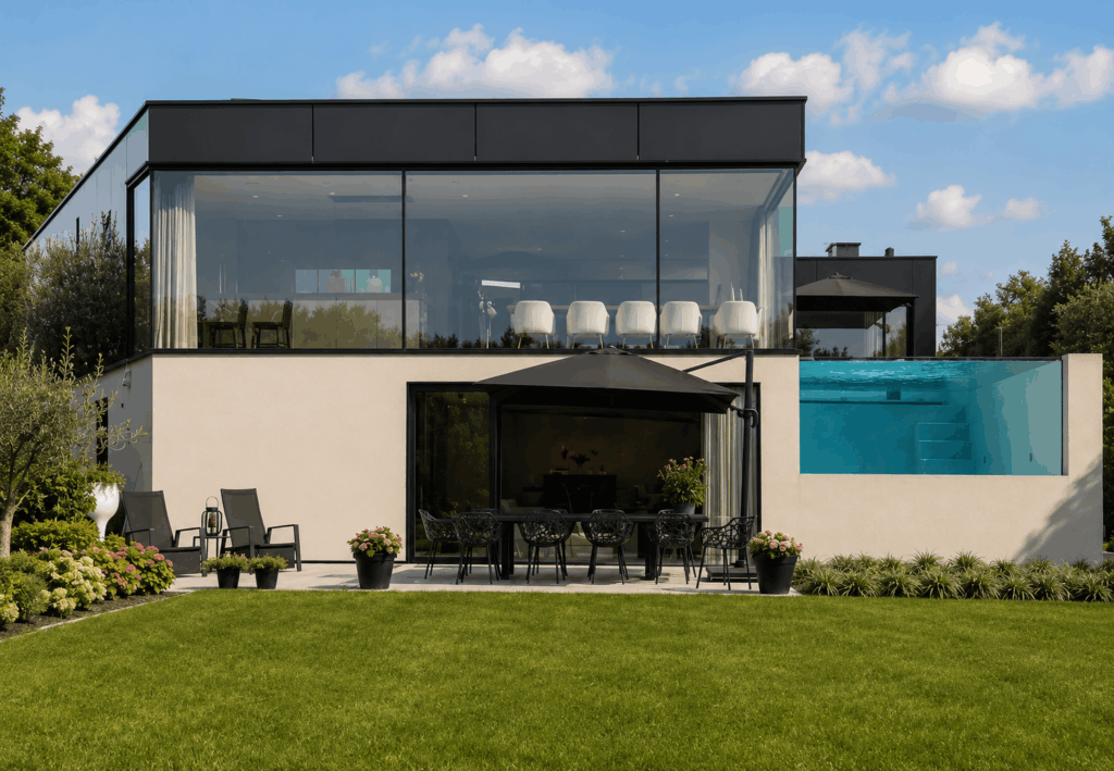 Villa contemporaine avec grandes baies vitrées à châssis noirs et piscine à paroi vitrée