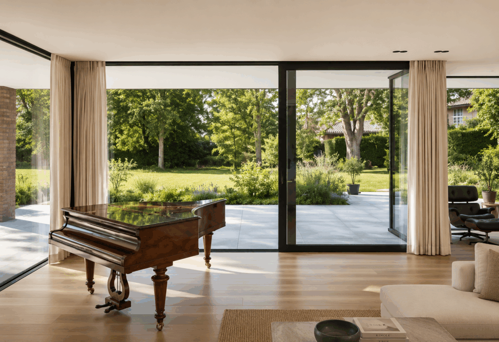 Salon avec piano à queue, baies coulissantes en aluminium noir VisioGlide 500 entrouvertes sur une terrasse en pierre et un jardin arboré, rideaux voilages.