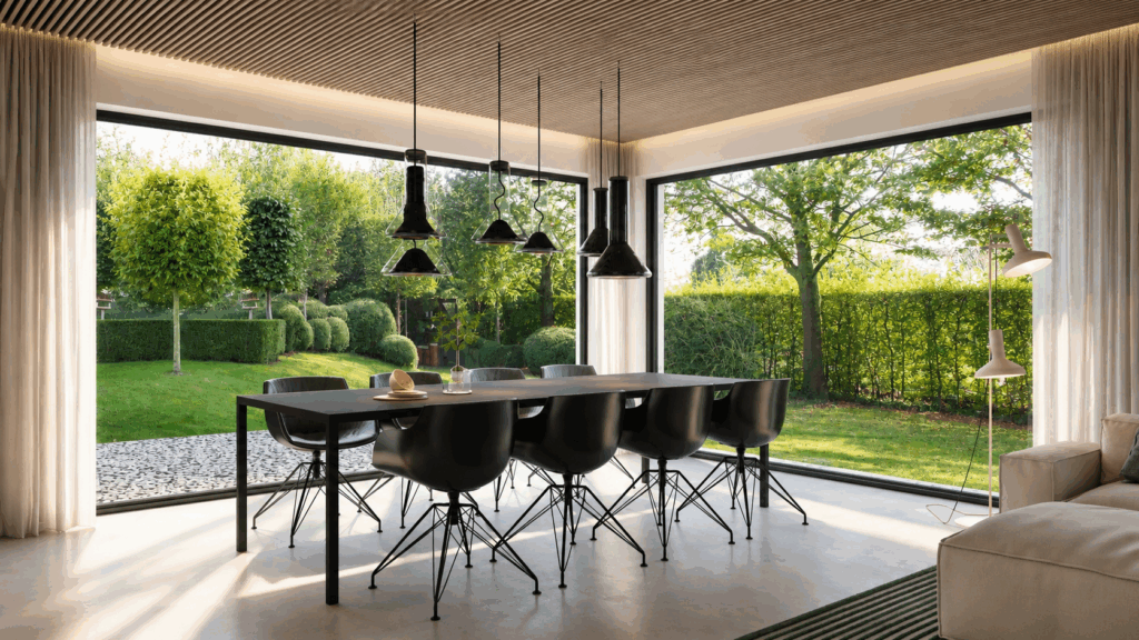 Salle à manger avec baies vitrées d'angle en aluminium et plafond à lattes de bois
