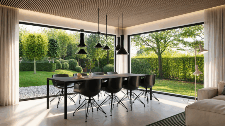 Salle à manger avec baies vitrées d'angle en aluminium et plafond à lattes de bois
