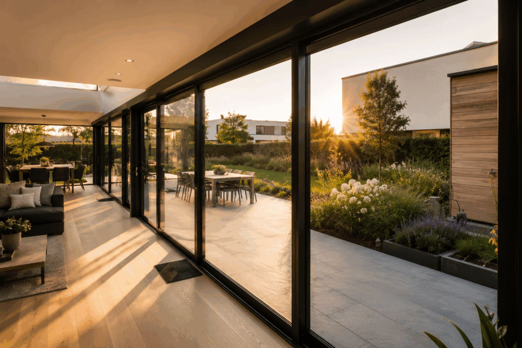 Vue intérieure à travers une baie coulissante UltraGlide500 ouverte, donnant sur une terrasse en pierre et un jardin au coucher du soleil, avec salon et table à manger extérieure.