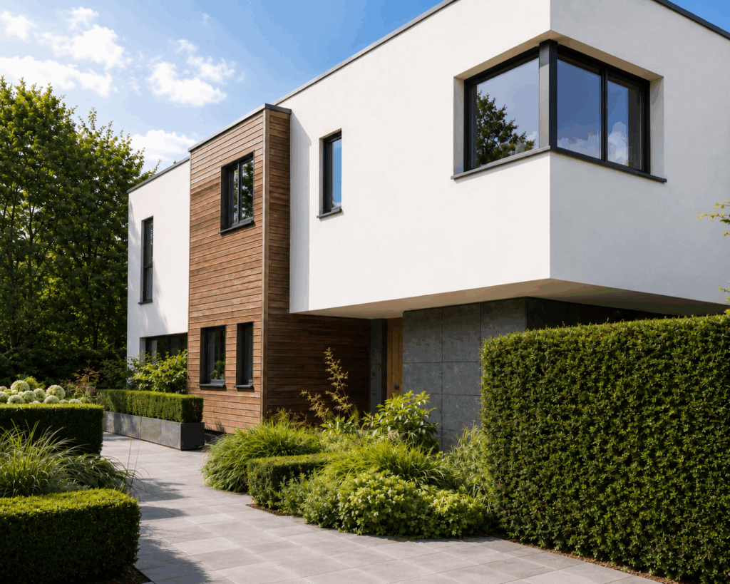 Maison contemporaine à enduit blanc et bardage bois avec châssis noirs et baie d'angle