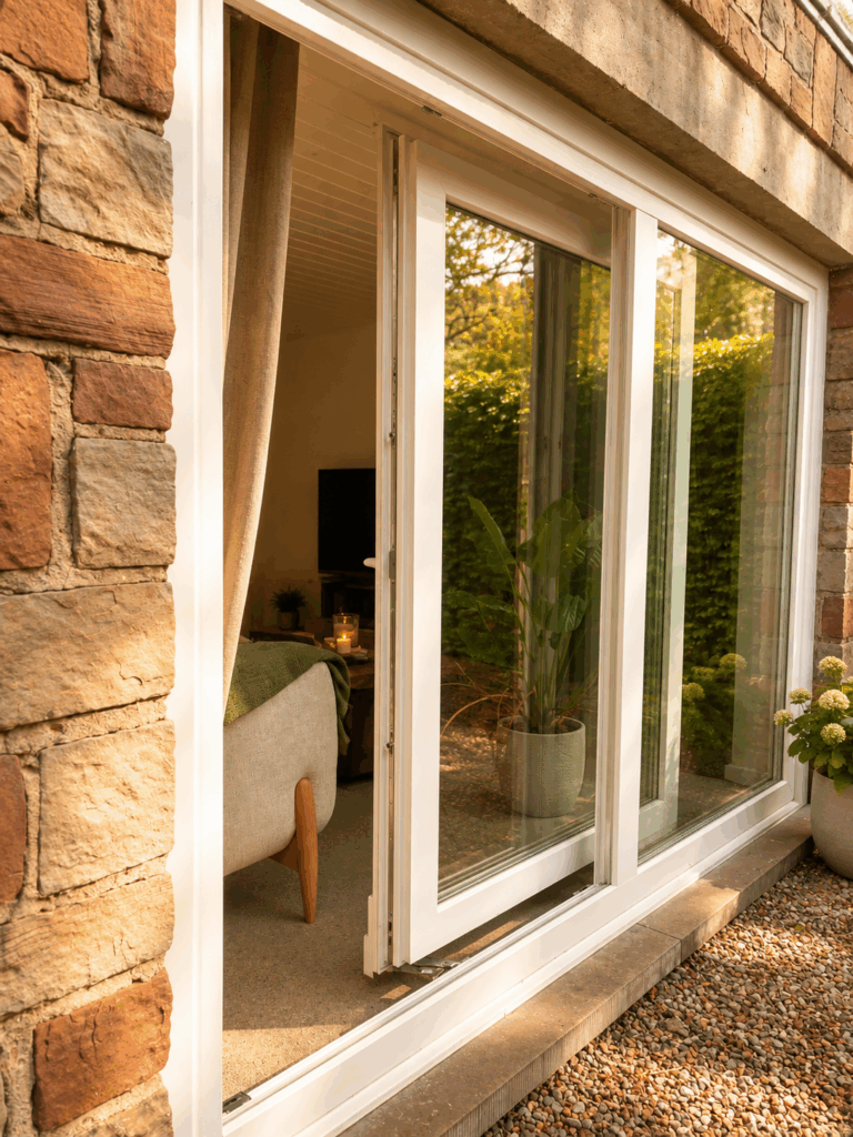 Détail d'une baie coulissante PVC blanche Premidoor76 entrouverte sur une façade en pierre, avec fauteuil et rideau visibles à l'intérieur, plantes en pot sur la terrasse.