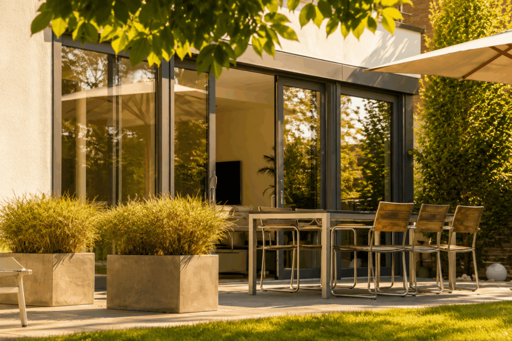 Terrasse ombragée par un arbre en fin de journée, baie coulissante Premidoor76 entrouverte, table en bois et chaises métalliques de style industriel, bacs en béton avec graminées.