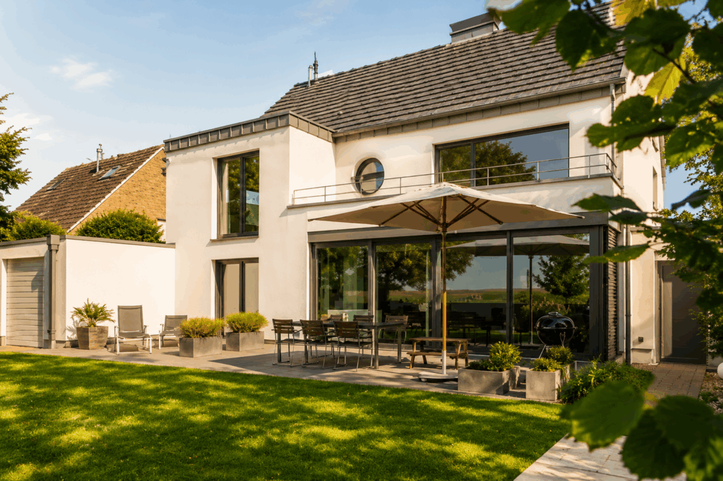 Façade d'une maison blanche à toiture en tuiles à l'heure dorée, baie coulissante Premidoor76 ouverte sur une terrasse avec salon de jardin et parasol, pelouse au premier plan.