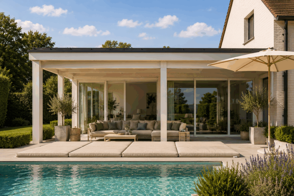 Terrasse au bord d'une piscine avec baie coulissante Premislide76 ouverte sur un salon d'angle, pergola et parasol beige, maison blanche en arrière-plan.