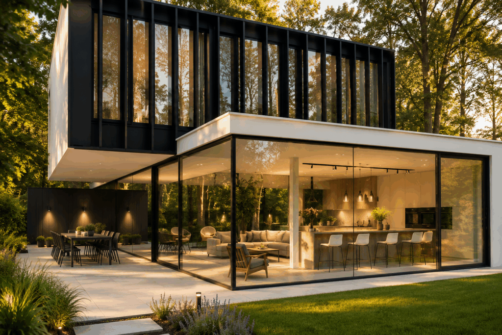 Maison contemporaine au bardage noir à l'heure dorée, façade entièrement vitrée avec baies coulissantes UltraGlide500 ouvertes sur la terrasse, salle à manger et cuisine visibles à l'intérieur.