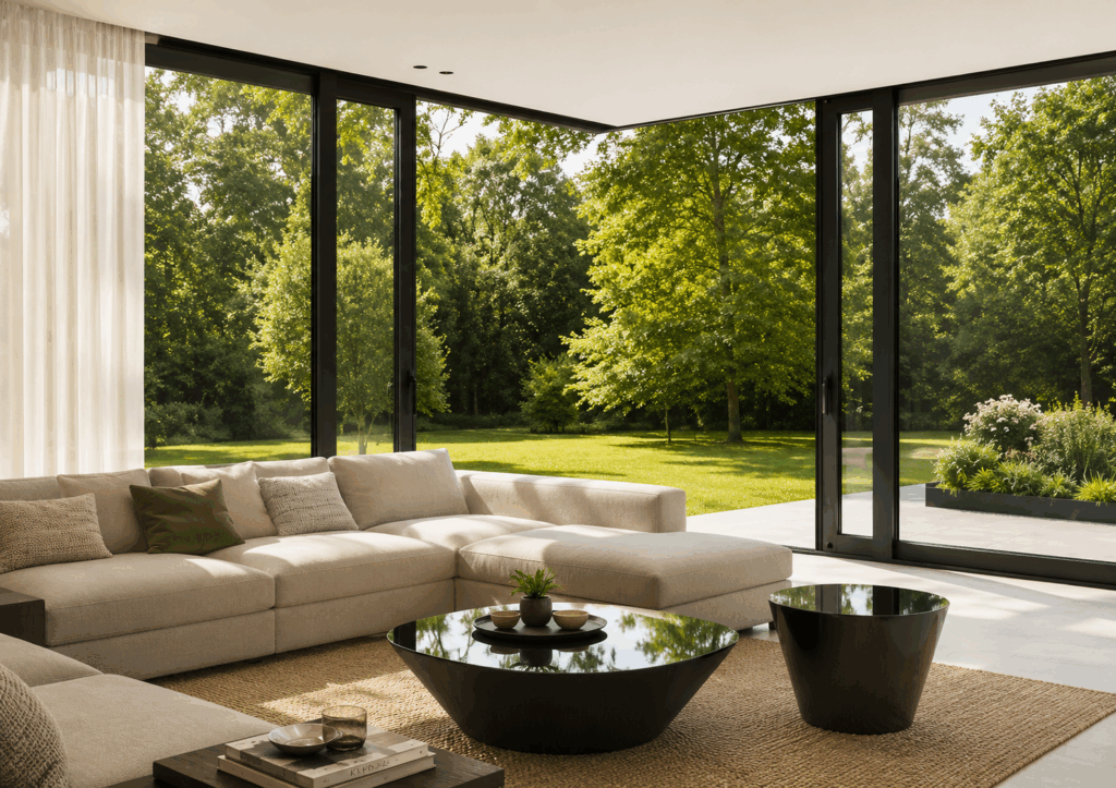 Salon d'angle avec baie vitrée coulissante UltraGlide500 du sol au plafond, ouvrant sur un jardin arboré, canapé beige et tables basses noires sur tapis en jute.