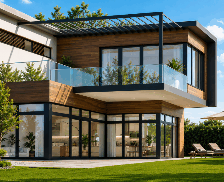 Villa contemporaine à bardage bois avec grandes baies noires, balcon vitré et pergola à lames