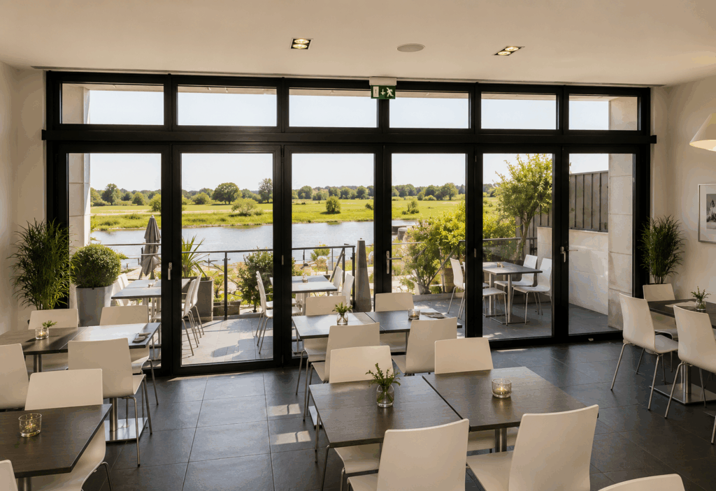 Salle de restaurant avec porte accordéon en aluminium noir entièrement ouverte, donnant sur une terrasse et un paysage verdoyant au bord de l'eau.
