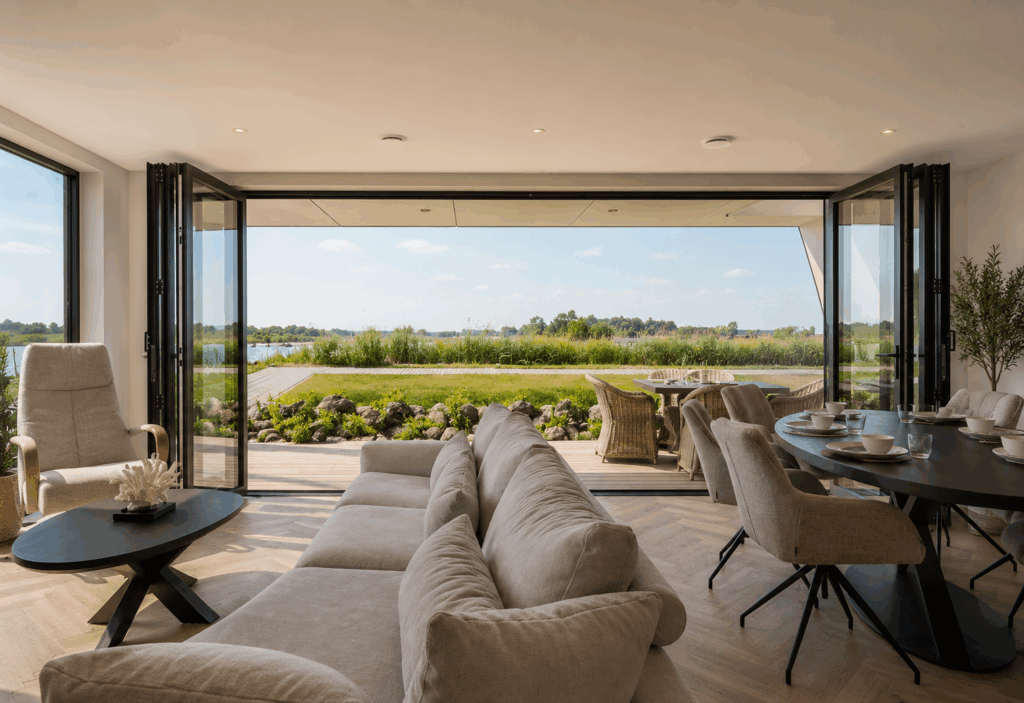 Salon avec porte accordéon en aluminium repliée, ouvrant sur une terrasse en bois et un paysage de marais, salon extérieur en osier et table à manger visible dehors.