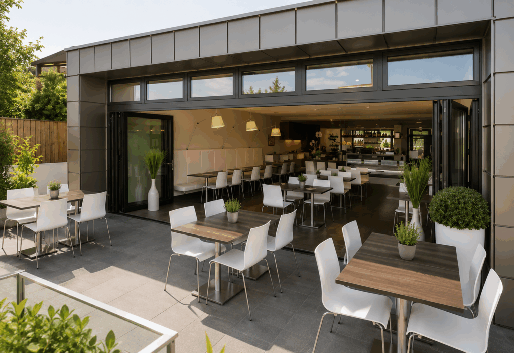 Vue extérieure d'un bâtiment contemporain au bardage gris, porte accordéon en aluminium entièrement ouverte laissant apparaître un intérieur avec bar et tables, terrasse aménagée devant.