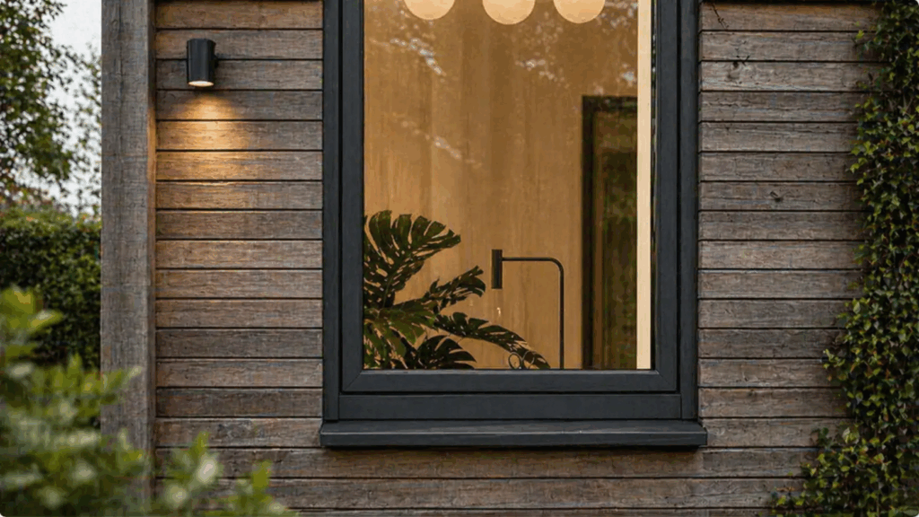 Châssis noir dans un bardage bois patiné, applique allumée et intérieur chaleureux