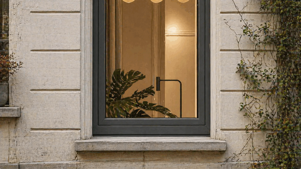 Fenêtre Kömmerling Horizon gris anthracite encastrée dans une façade en pierre de style urbain, avec une plante verte et une liseuse visibles à travers le vitrage, lierre grimpant sur le mur.