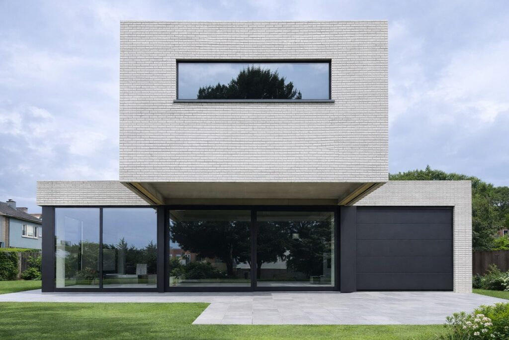 Maison cubique en briques blanches avec bandeau vitré et baies coulissantes en aluminium noir