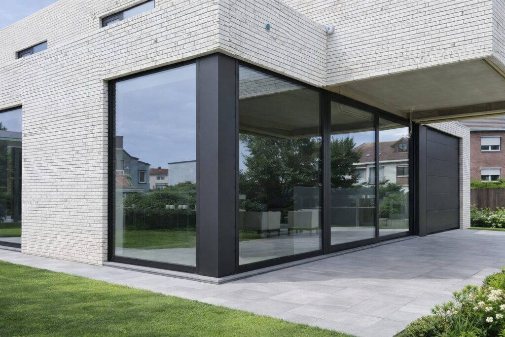 Baie vitrée d'angle en aluminium noir sous un porte-à-faux en briques claires