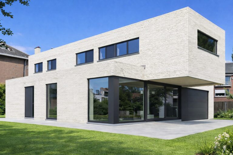 Maison cubique en briques blanches avec châssis en aluminium noir, à Grand-Bigard