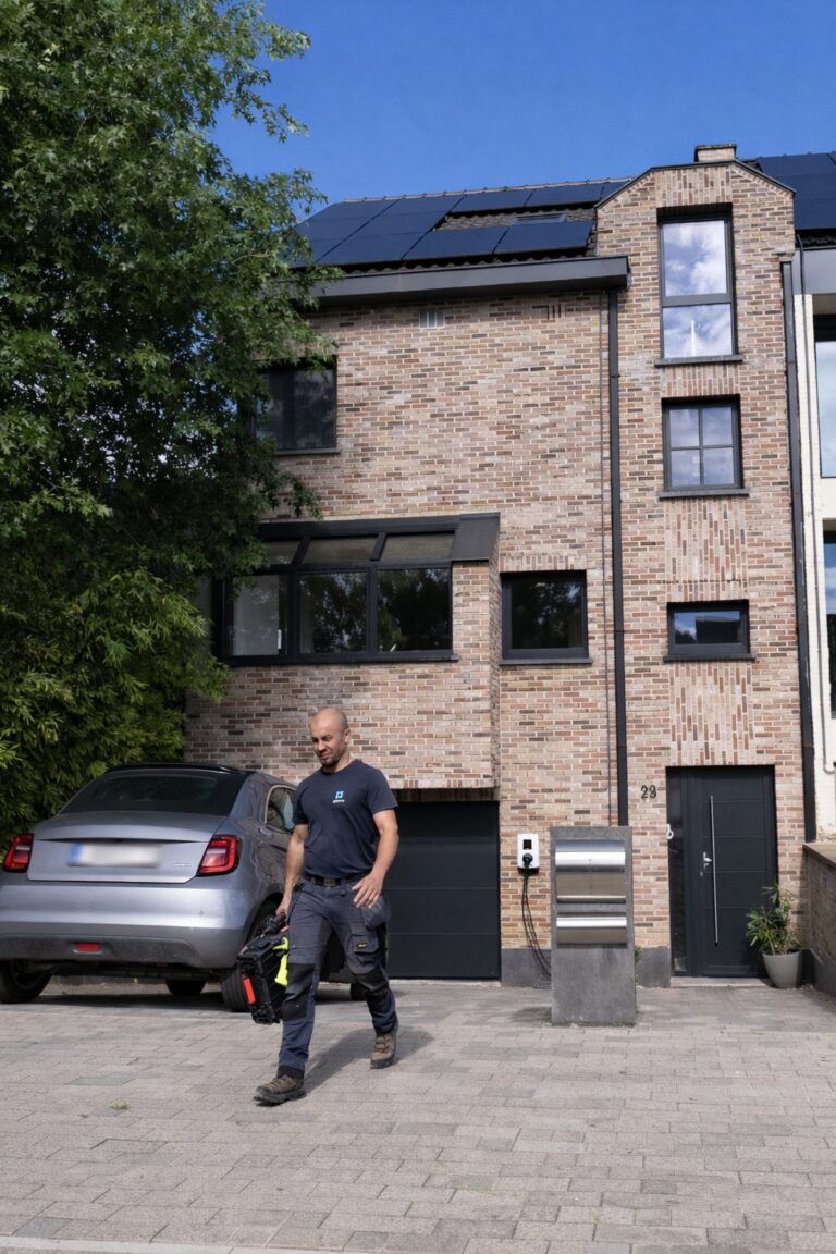 Poseur Abihome devant une maison en briques équipée de châssis noirs et de panneaux solaires