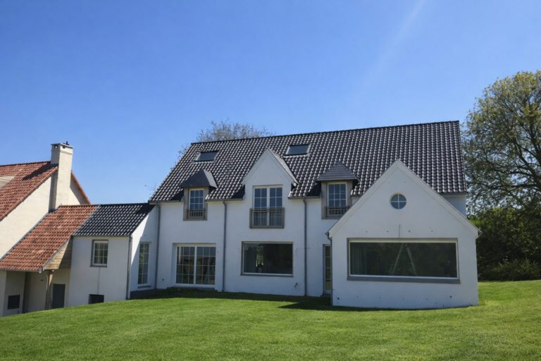 Witte villa met grote glaspartijen en dakkapellen met roeden, in Grez-Doiceau