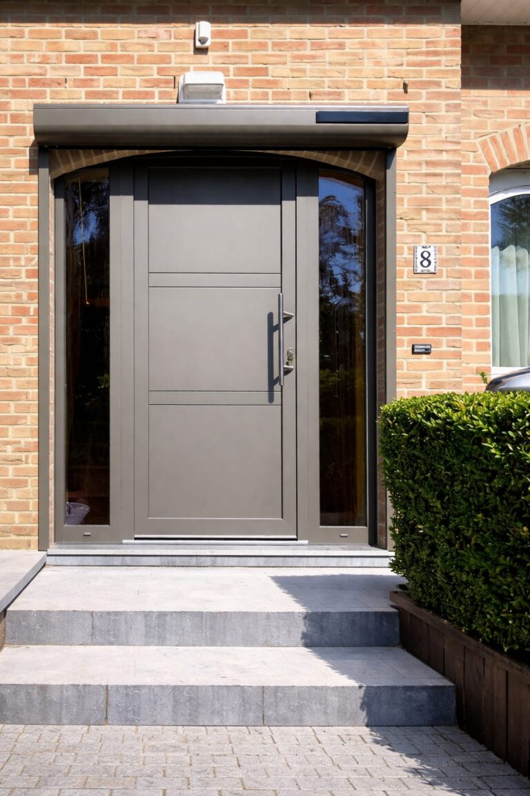 Porte d'entrée gris taupe à vitrage latéral, sous auvent, à Waterloo